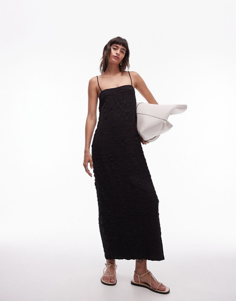Черное фактурное платье миди с завязками Topshop