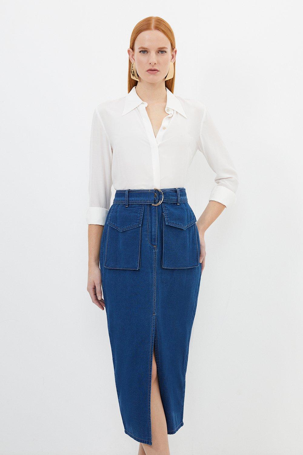 цена Юбка-миди из эластичной джинсовой ткани Karen Millen, синий