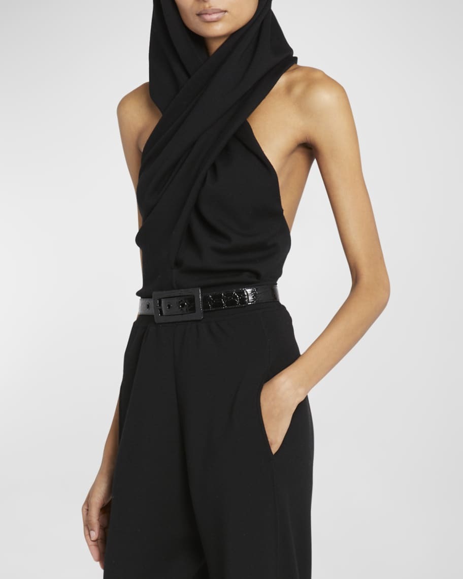 

Шерстяной драпированный топ с лямкой на шее и капюшоном Saint Laurent