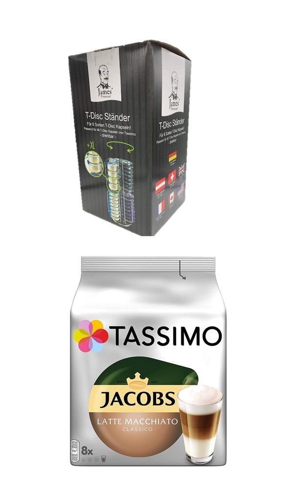 

Tassimo Jacobs Latte Macchiato Classico упаковка из 8 штук, упаковка по 264 г плюс вращающаяся подставка Tassimo, подходящая для 6 разновидностей вращающихся T-образных дисков 8 James Premium