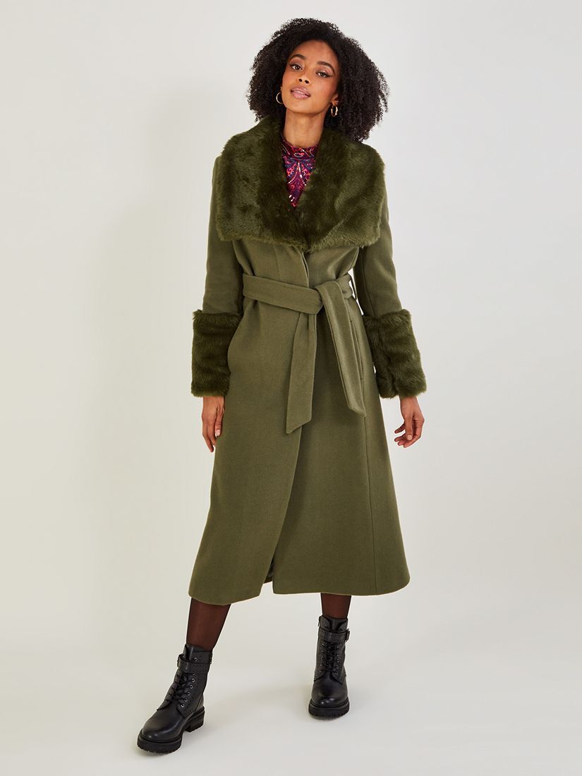 

Шерстяное пальто Monsoon Sadie с воротником из искусственного меха, зеленое, Зеленый