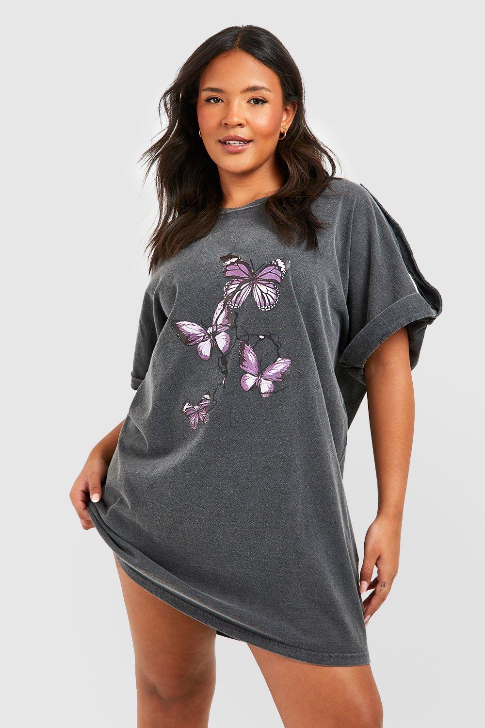 

Платье-футболка plus butterfly acid wash Boohoo, угольный