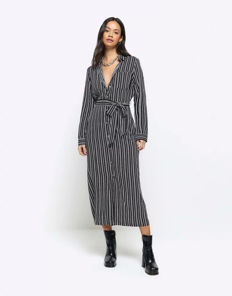 

Черное платье-рубашка миди с поясом River Island Stripe