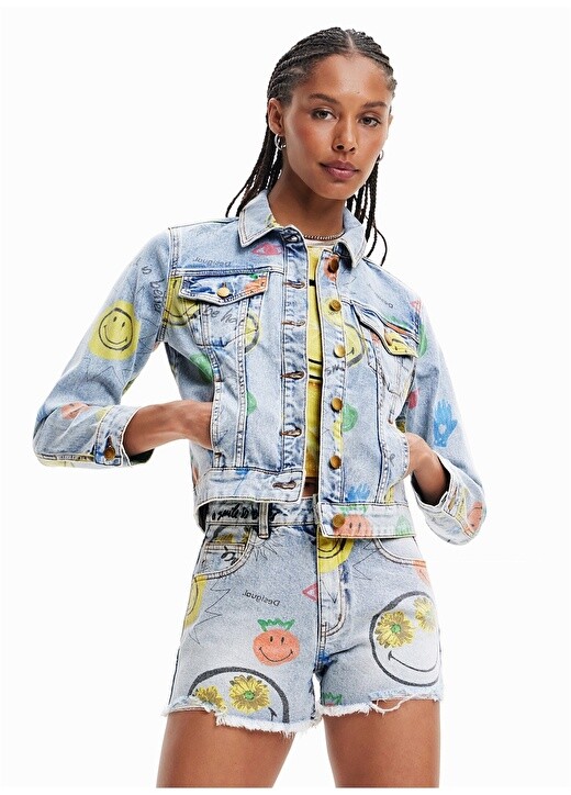 

Синяя женская летняя куртка с длинными карманами и принтом Desigual, Синий
