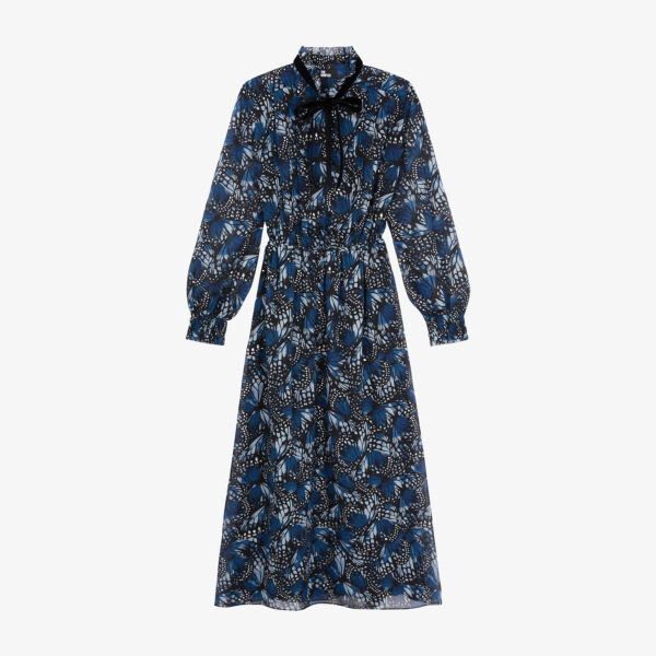 

Тканое платье миди со складками и принтом бабочки The Kooples, синий