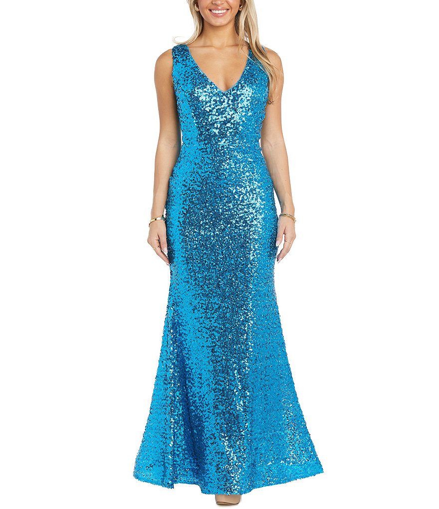 Длинное платье без рукавов с V-образным вырезом и пайетками Morgan & Co., синий