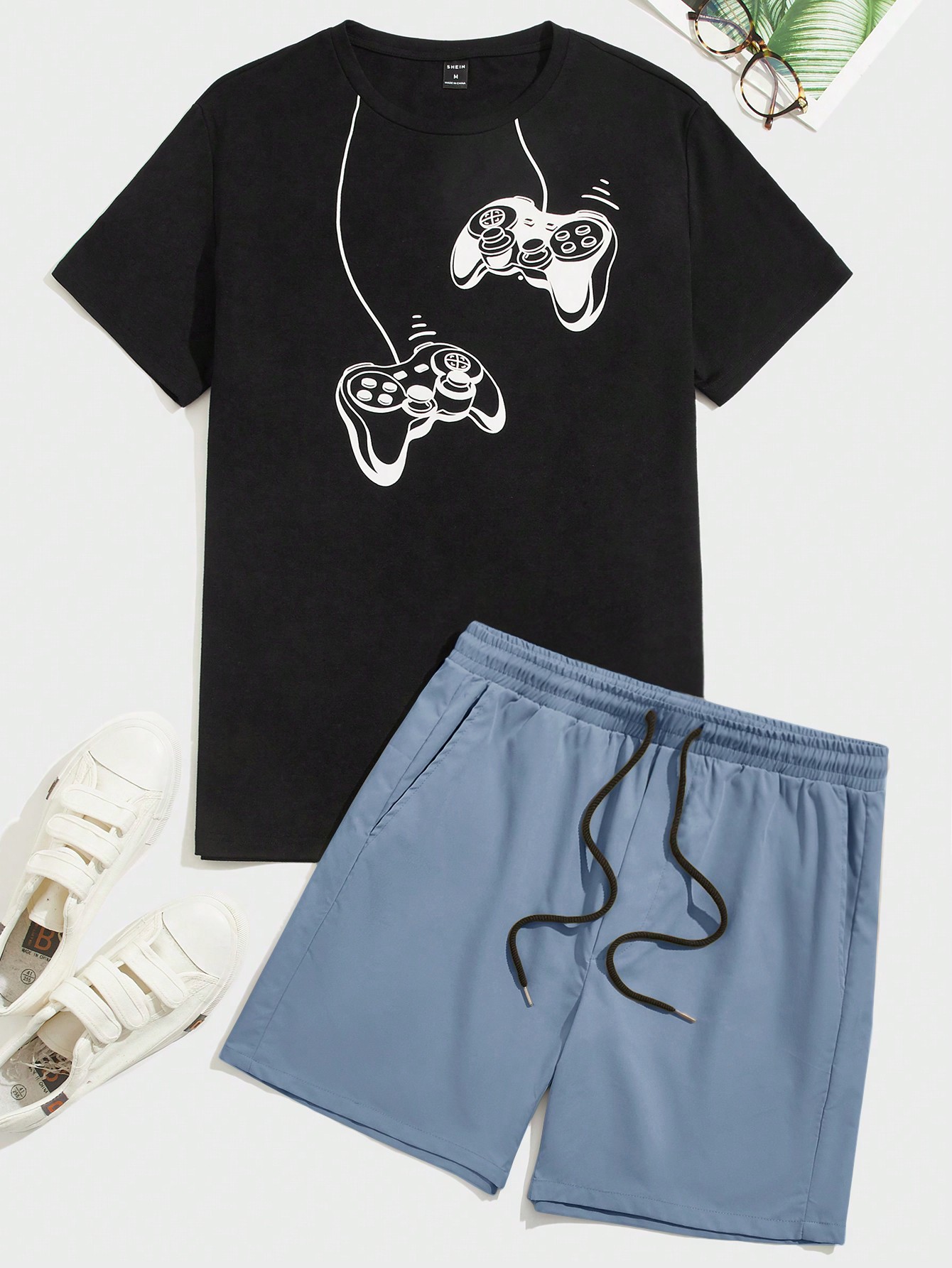 SHEIN Мужская футболка с короткими рукавами и шорты с контроллером для видеоигр, абрикос фото