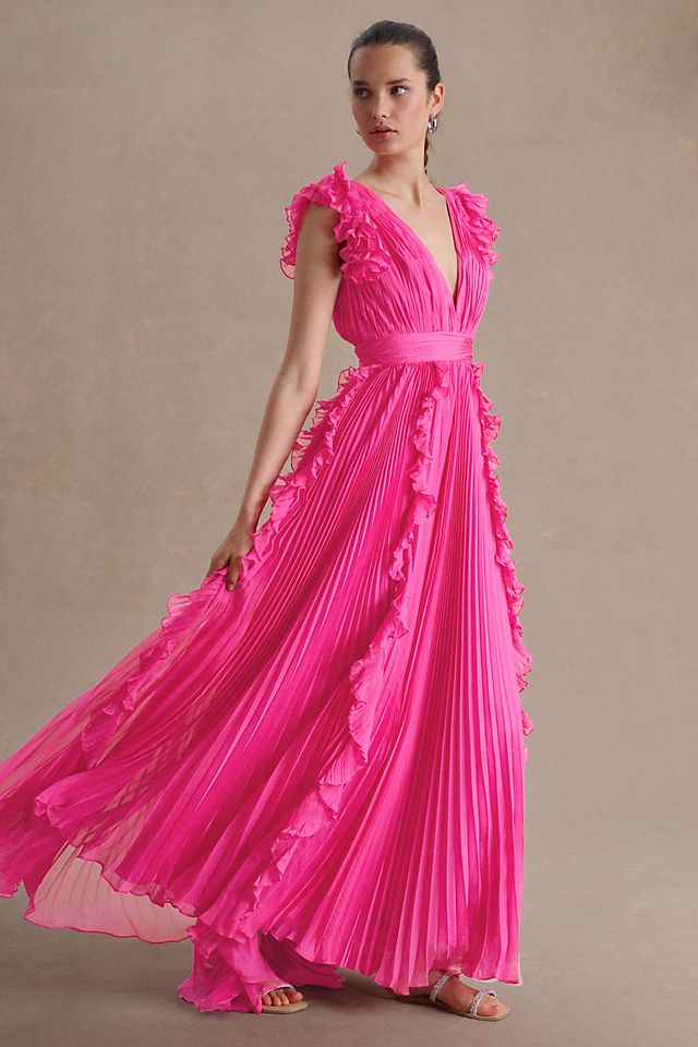 цена Платье Mac Duggal Плиссированное с развевающимися рукавами и глубоким V-образным вырезом и завышенной талией, средне-розовый