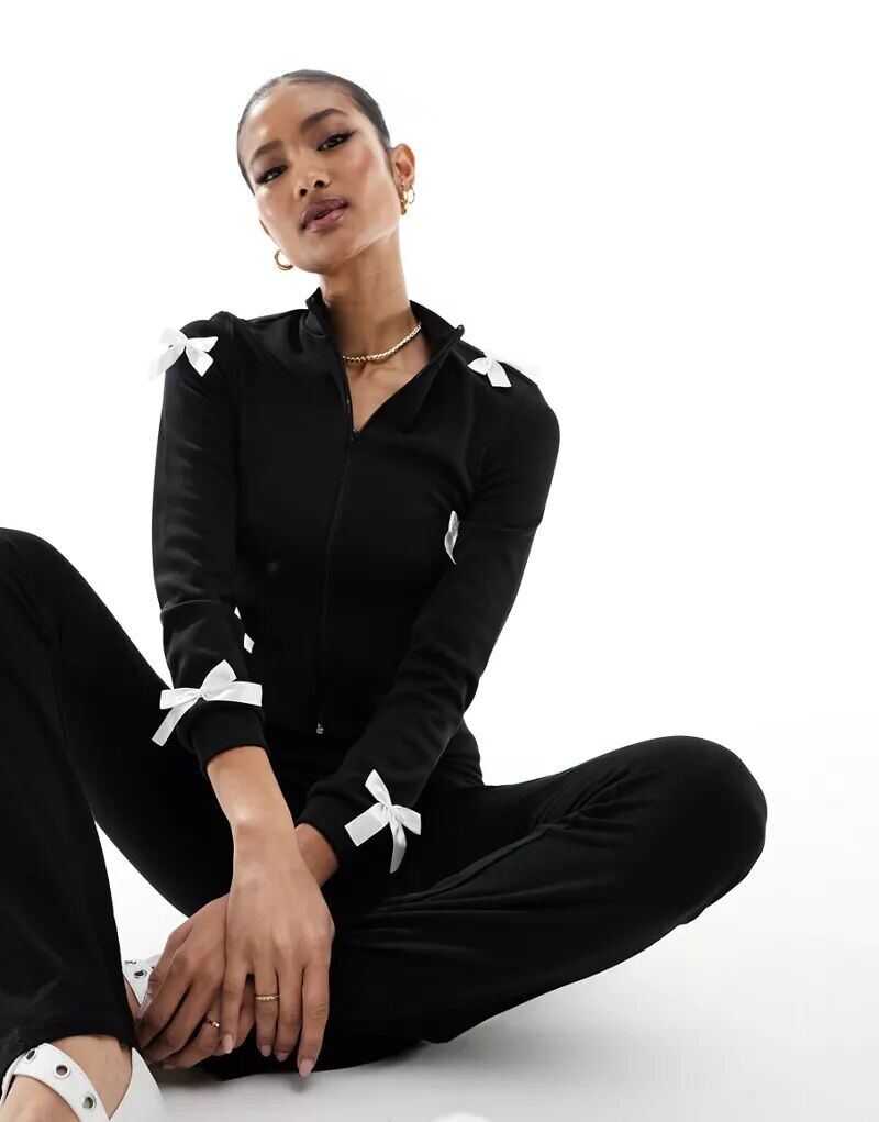 

Черный кардиган в рубчик Fashionkilla с застежкой-молнией и контрастным бантом