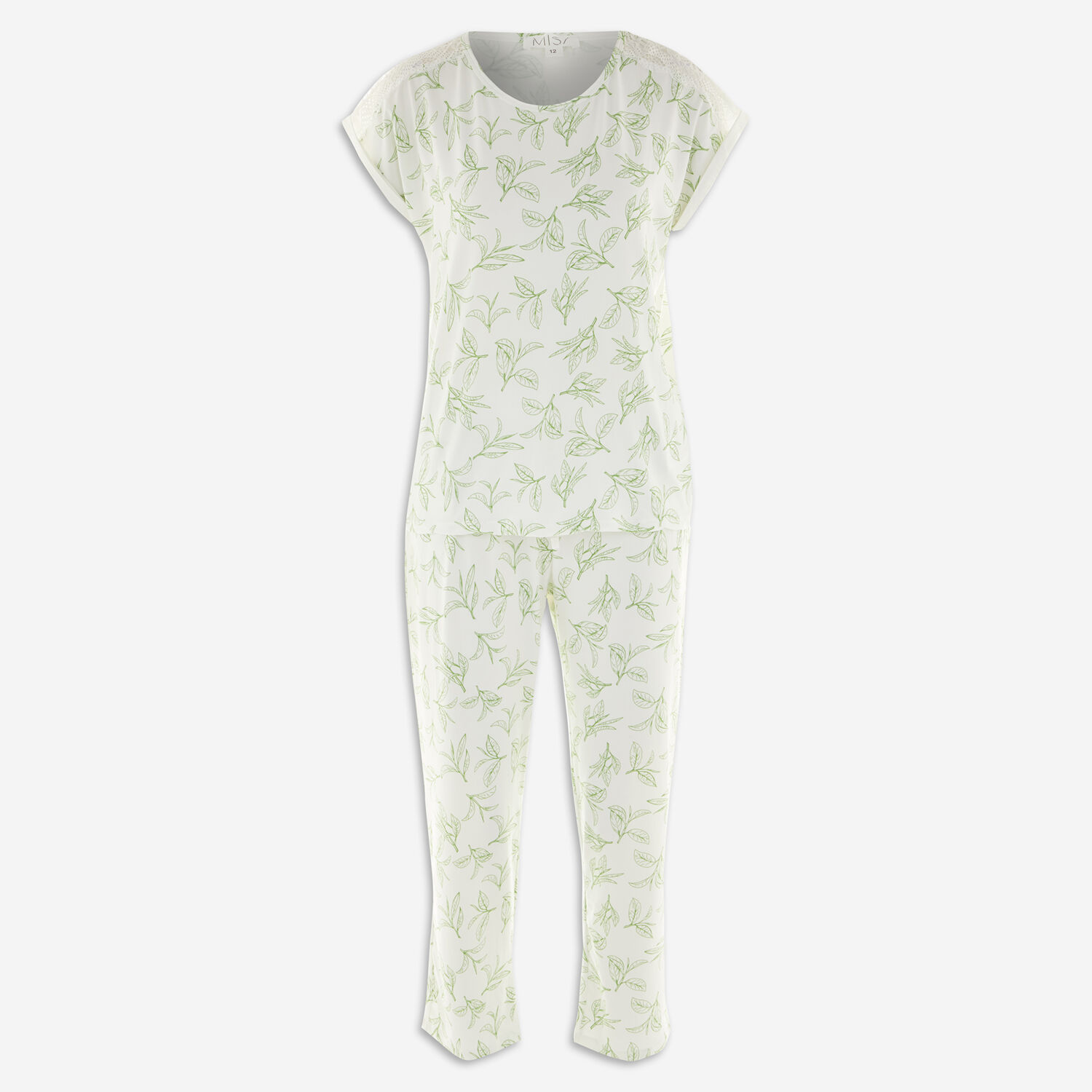 Пижамный комплект с бело-зеленым узором в виде листьев Mis/