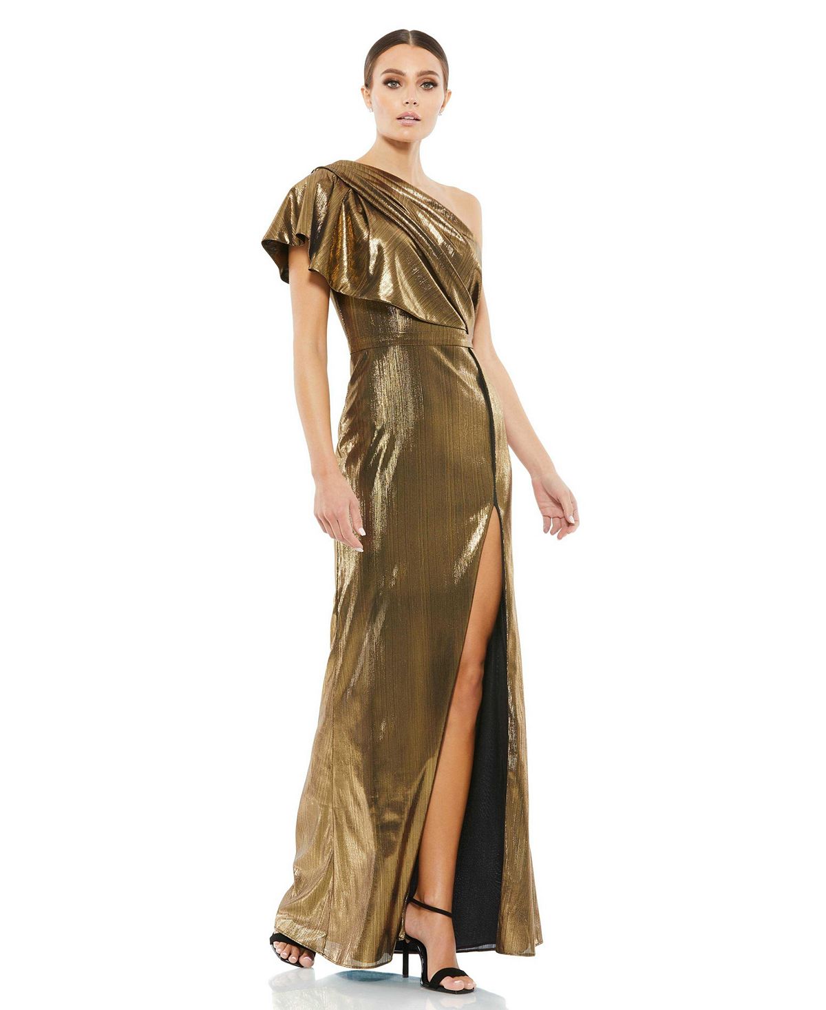Женское вечернее платье цвета металлик с оборками на одно плечо Ieena MAC DUGGAL