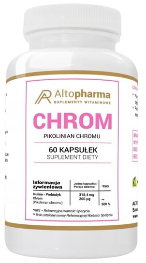 Alto Pharma, Пиколинат хрома, 200 мкг хрома + пребиотик, 60 капсул. thompson пиколинат хрома 200 мкг 60 таблеток