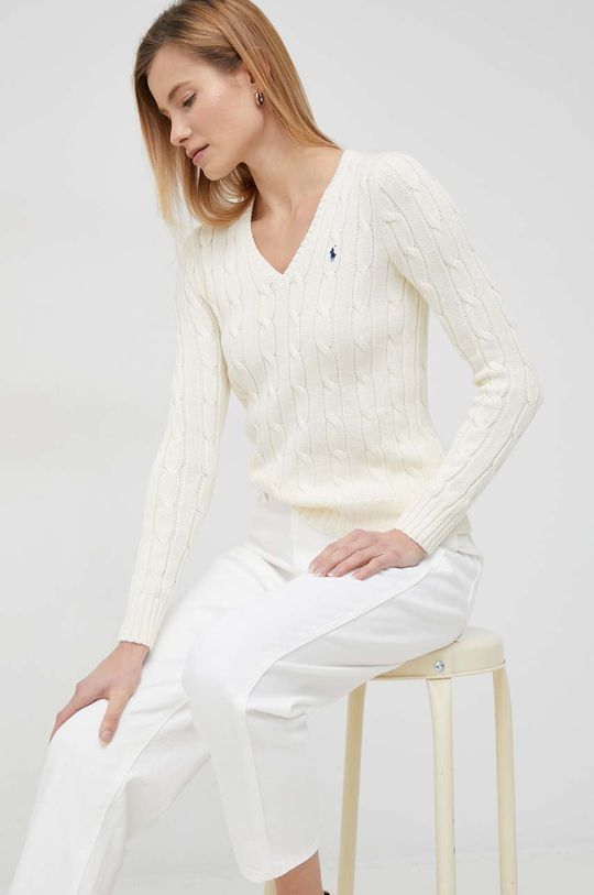 Хлопковый свитер Polo Ralph Lauren, бежевый поло женское вязаное с v образным вырезом цвет – белый