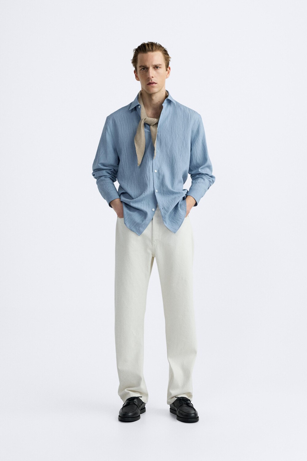 

Рубашка стандартного кроя из смесовой вискозы ZARA, синий