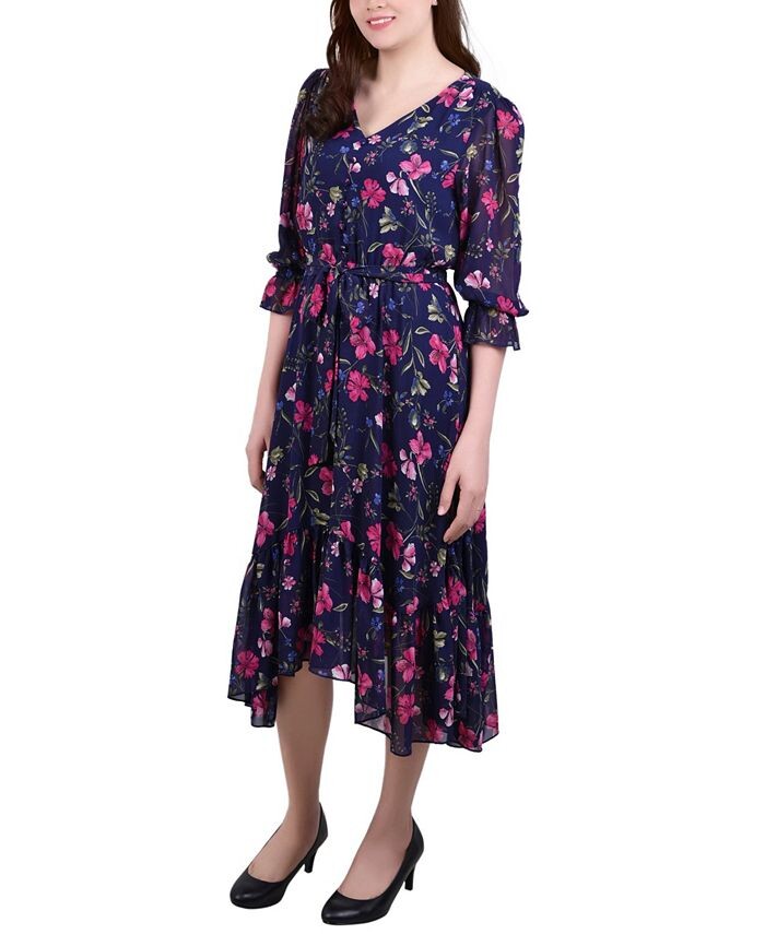 

Миниатюрное платье с V-образным вырезом и воланами с рукавами 3/4 NY Collection, синий