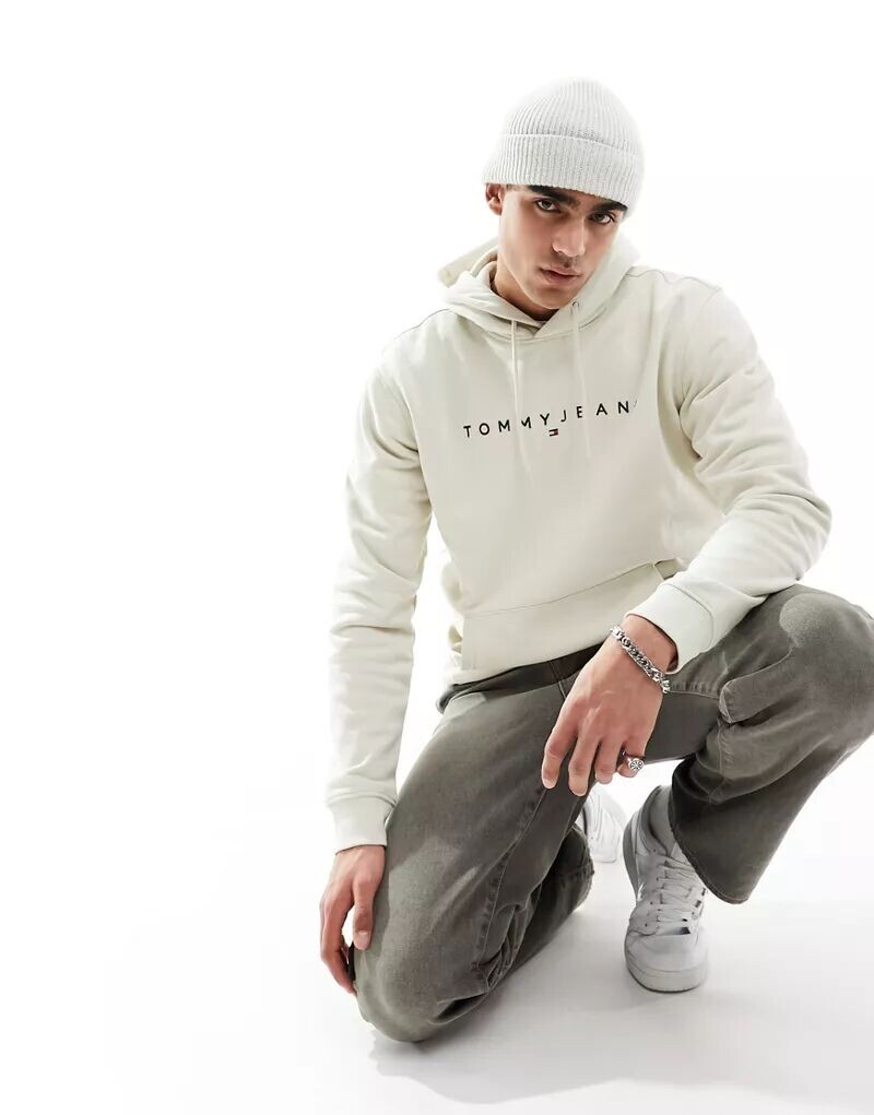 

Бежевая худи с линейным логотипом Tommy Jeans, Серый, Бежевая худи с линейным логотипом Tommy Jeans