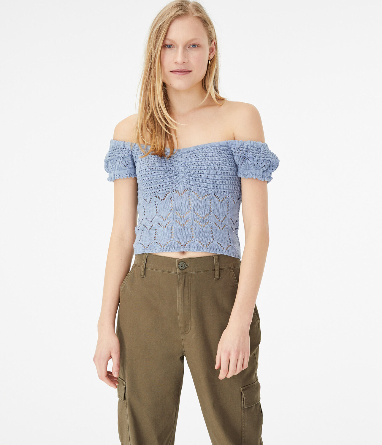 

Укороченный топ с открытыми плечами, связанный крючком Aeropostale, синий