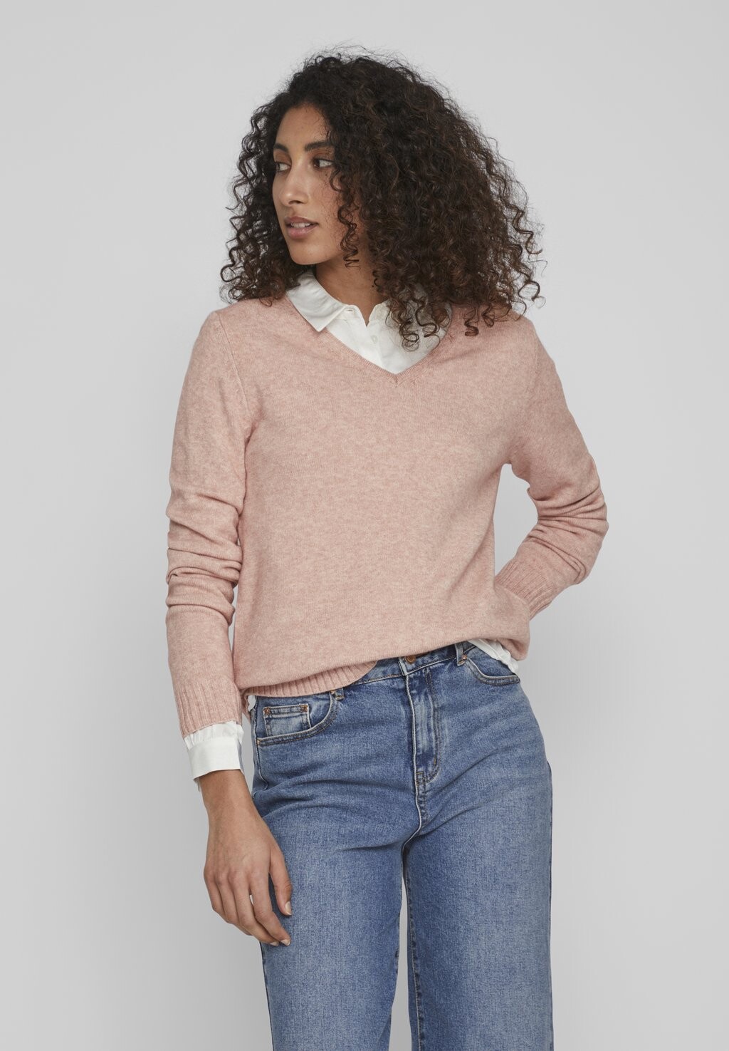 Свитер VILA Viril V-Neck L/S-Noos, туманная роза/меланж