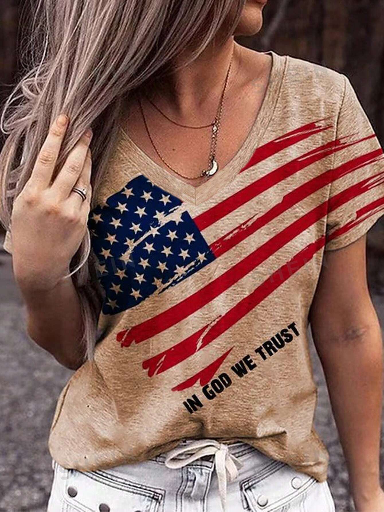 SHEIN LUNE Повседневная футболка с принтом флага США весна/лето, кофейный коричневый
