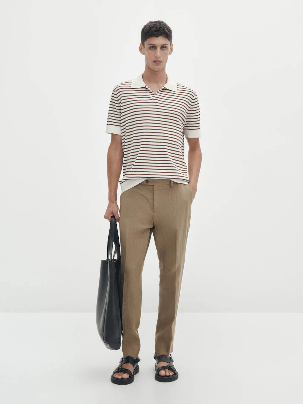 

Свитер в полоску с воротником поло в полоску Massimo Dutti, кремовый, Бежевый