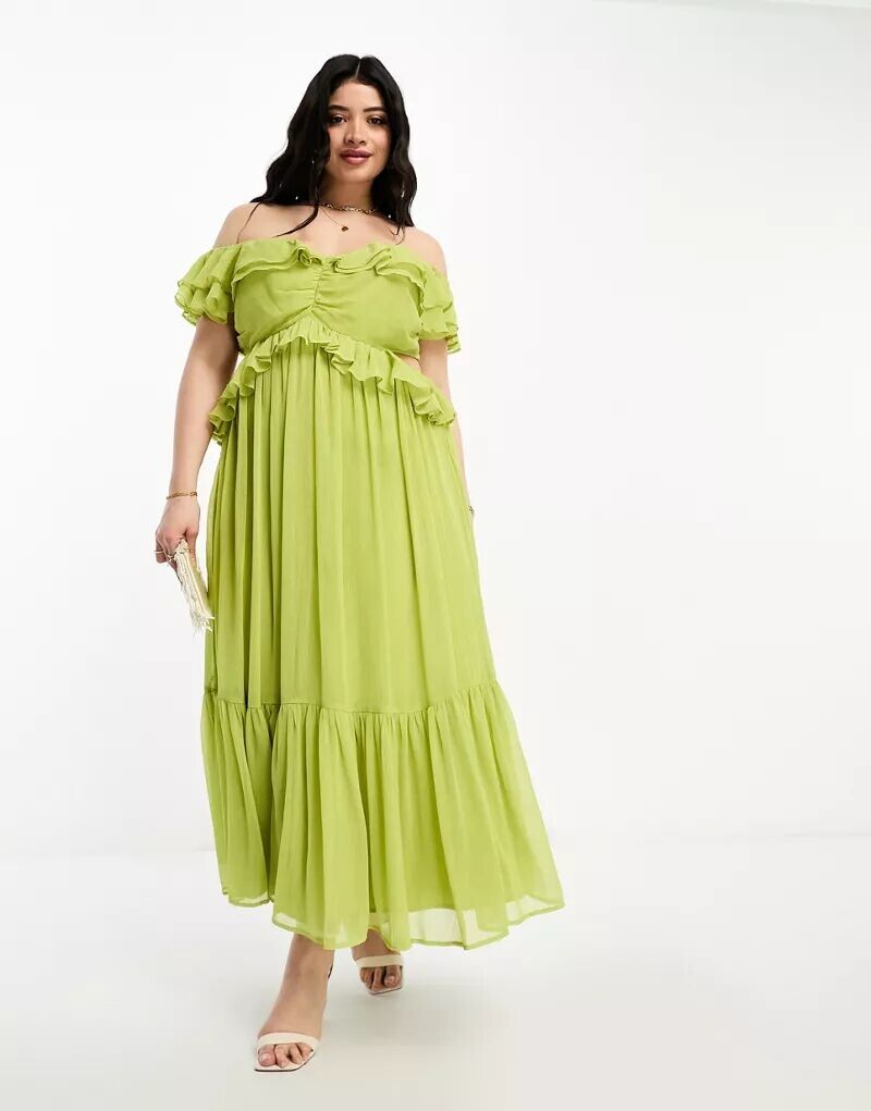 

Оливковое платье миди с открытыми плечами и оборками ASOS DESIGN Curve