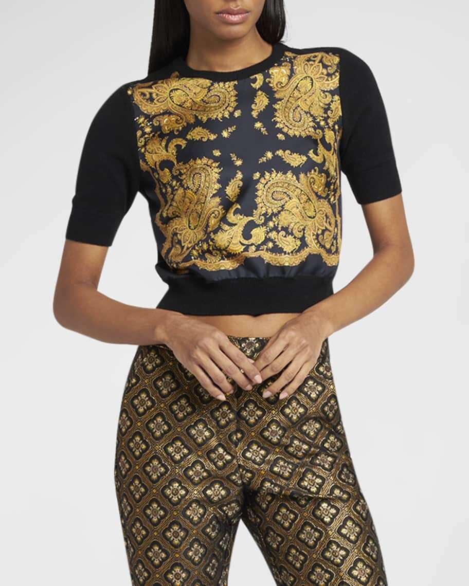 

Кашемировый вязаный топ с шелковым принтом Dahlia Paisley спереди Etro
