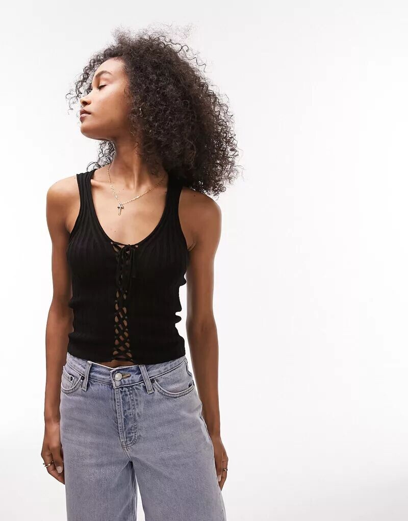 

Черный вязаный топ на бретельках с завязками спереди Topshop