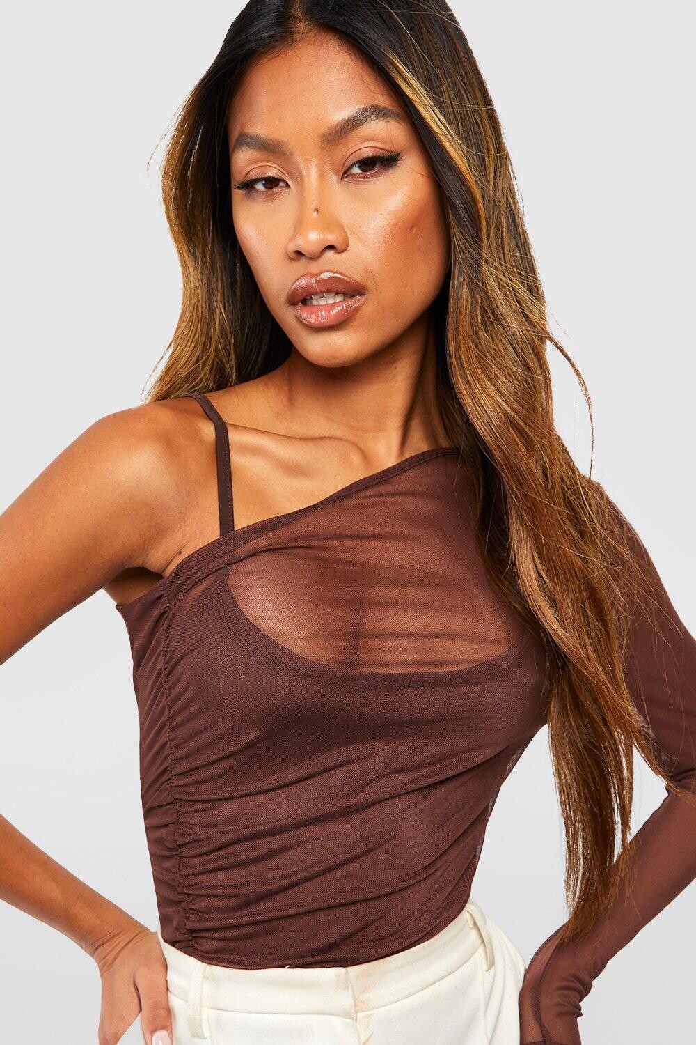 

Боди из сетчи руши once плеча Boohoo, шоколадный