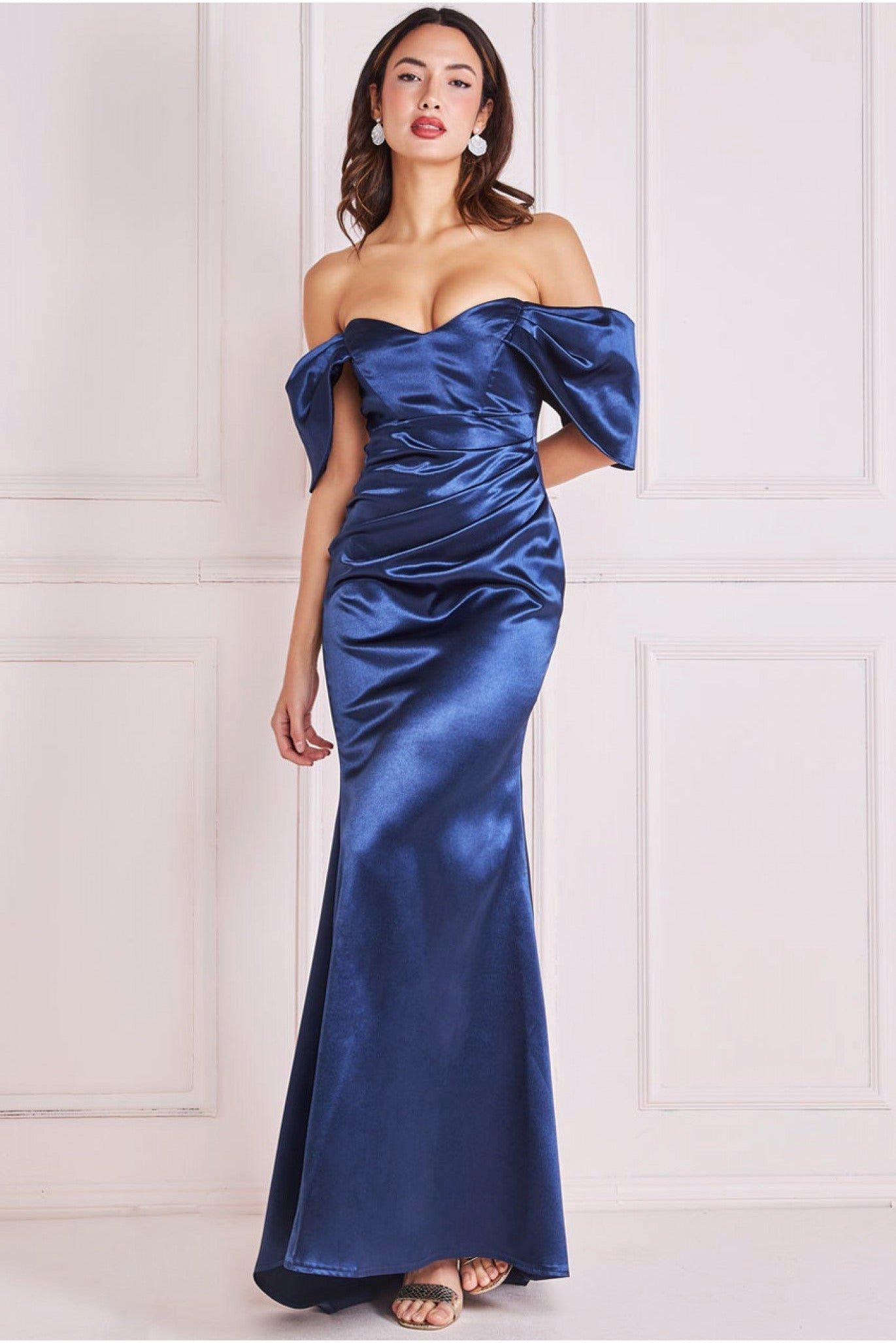 Атласное платье макси с открытыми плечами и V-образным вырезом Goddiva, темно-синий