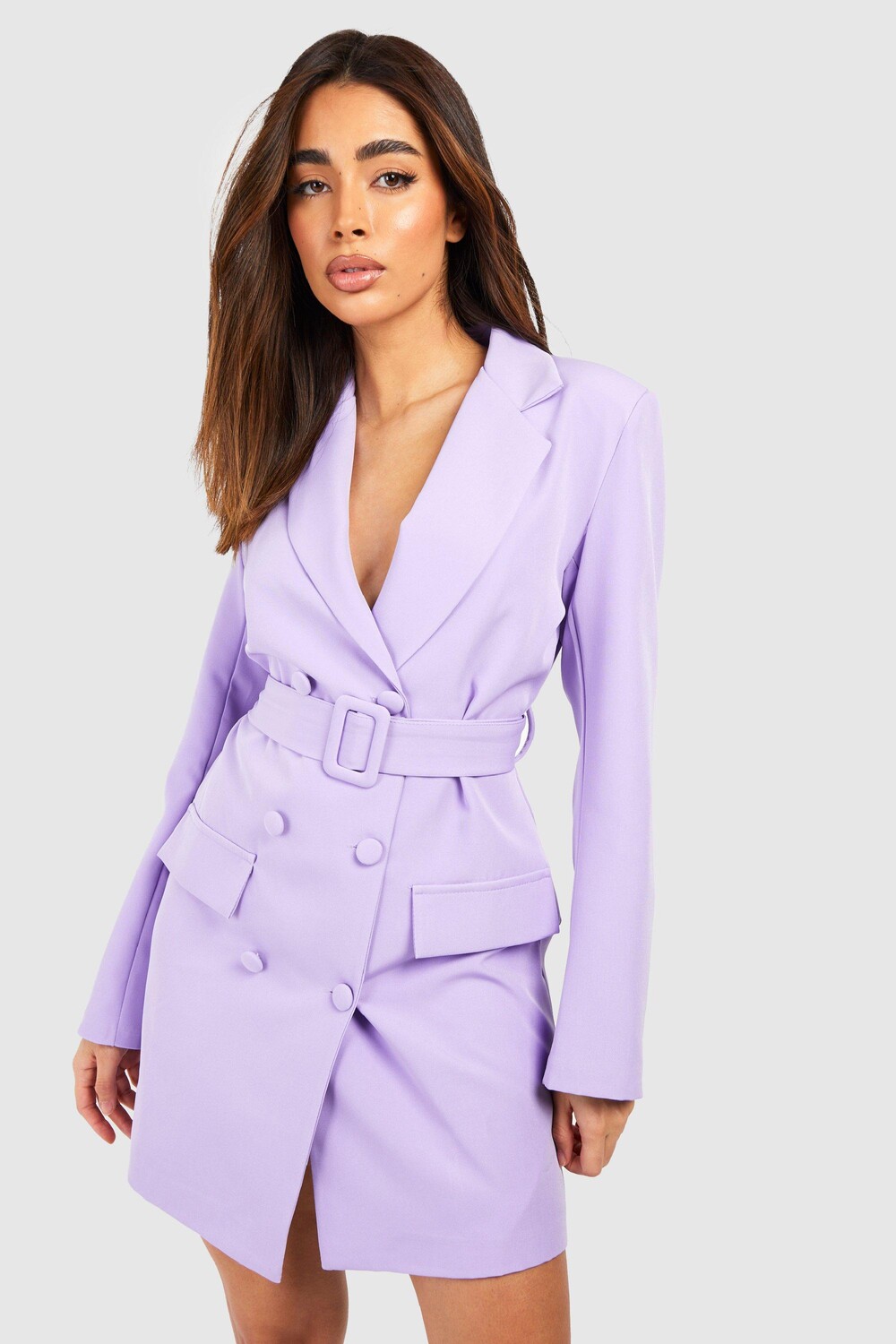 

Двубортное платье-пиджак с поясом Boohoo, сиреневый
