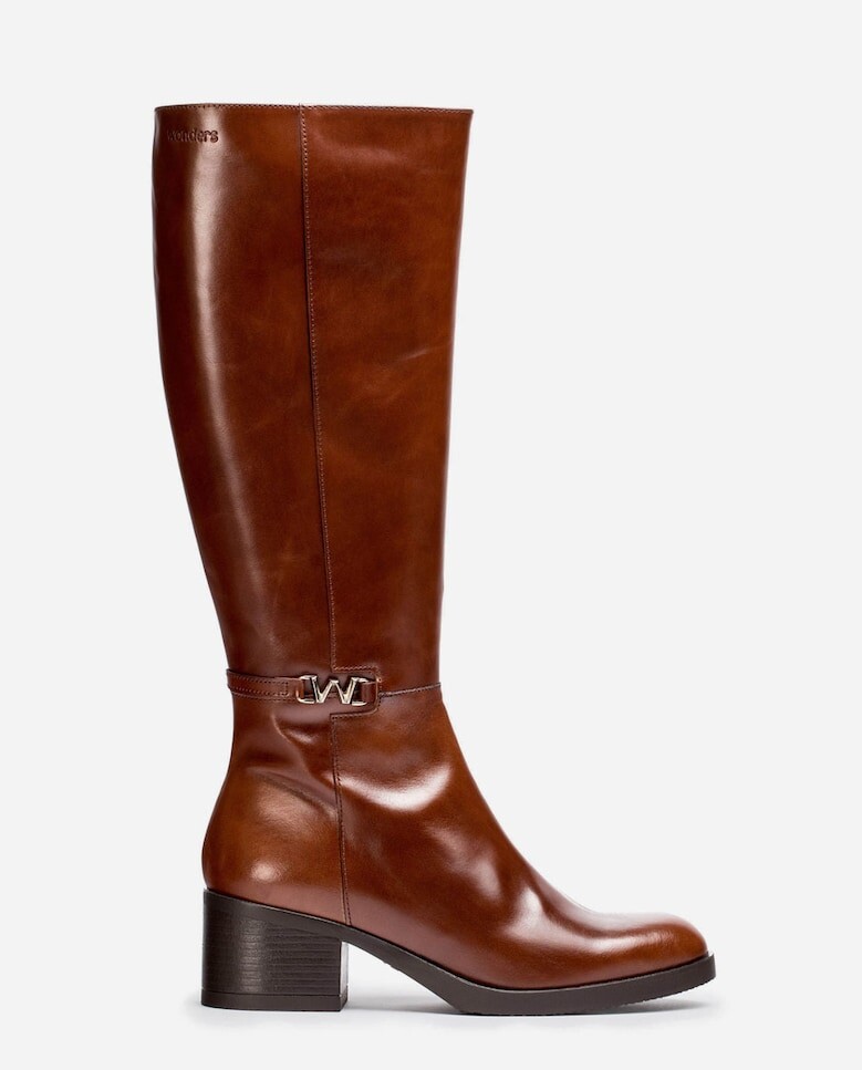 

Женские кожаные высокие ботинки с украшением и блочным каблуком Wonders, коричневый