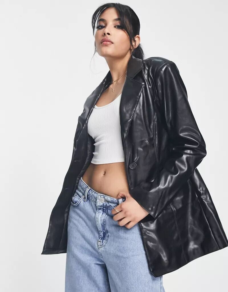 

Черный пиджак узкого кроя из искусственной кожи ASOS