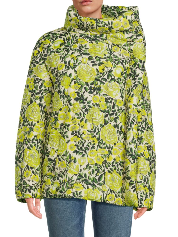 цена Пуховик асимметричного цвета с цветочным принтом Kenzo, цвет Green Multicolor