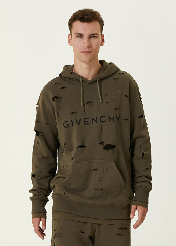 

Толстовка цвета хаки с капюшоном и потертым детальным логотипом Givenchy