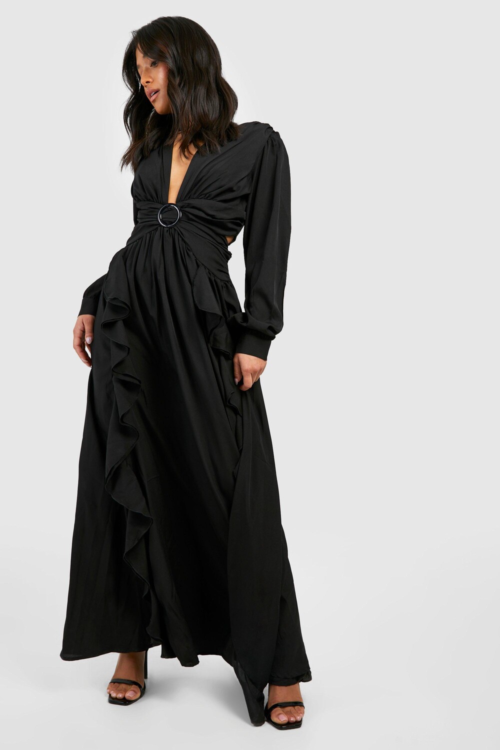 

Платье макси с поясом и оборками Boohoo, черный