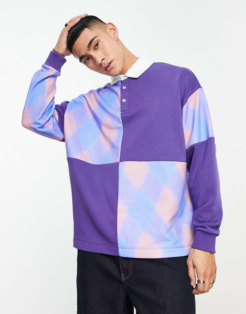 

Фиолетовая толстовка-поло оверсайз с клетчатыми вставками ASOS DESIGN, Фиолетовый