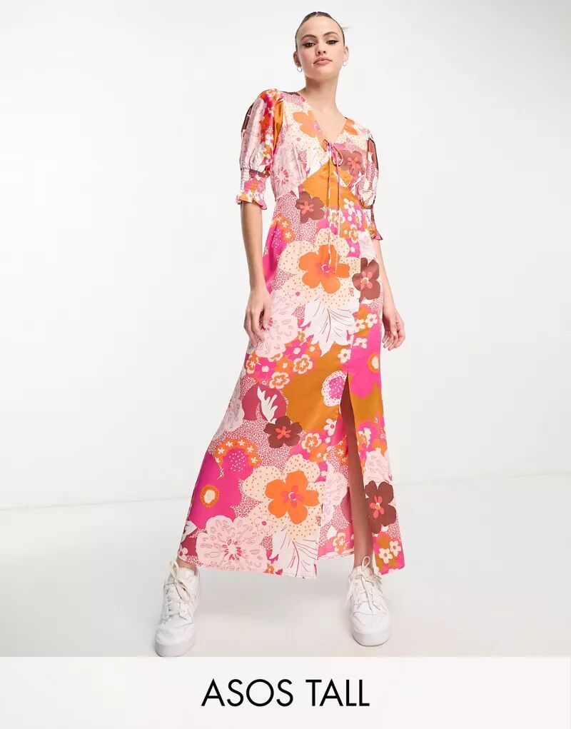 Повседневное платье миди из атласа с цветочным принтом ASOS DESIGN Tall со шнуровкой спереди и присборенными манжетами