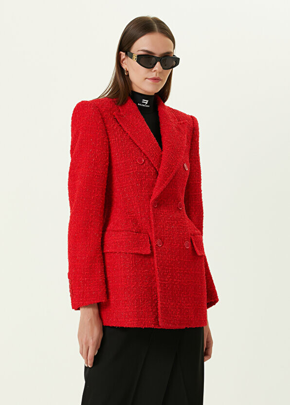 

Красный двубортный твидовый жакет с воротником-ласточкой Balenciaga