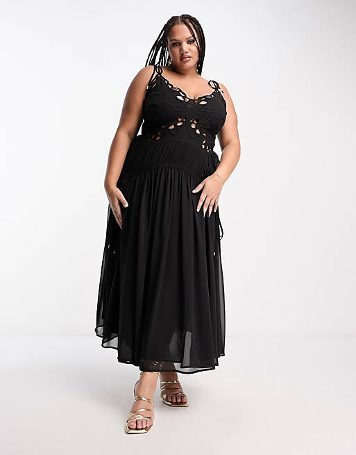 

Черное платье-комбинация макси с ажурным узором и кулиской на талии ASOS DESIGN Curve, Черный