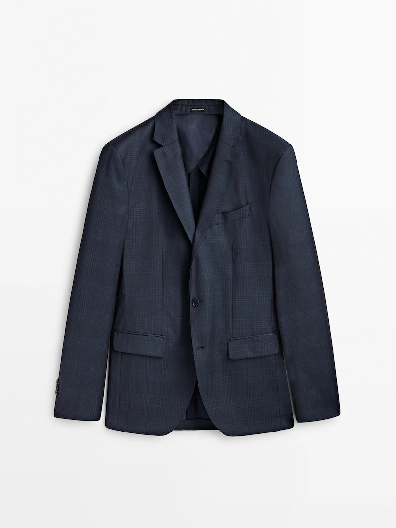 Темно-синий шерстяной костюмный пиджак в клетку Massimo Dutti, темно-синий