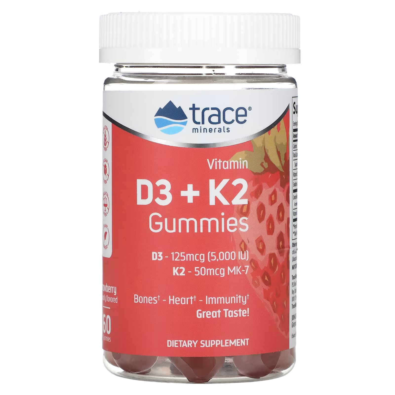 Жевательные конфеты Trace Minerals с витамином D3 + K2 клубника, 60 таблеток nature s way vitamin d3 max шоколад 125 мкг 5000 ме 90 таблеток без сахара