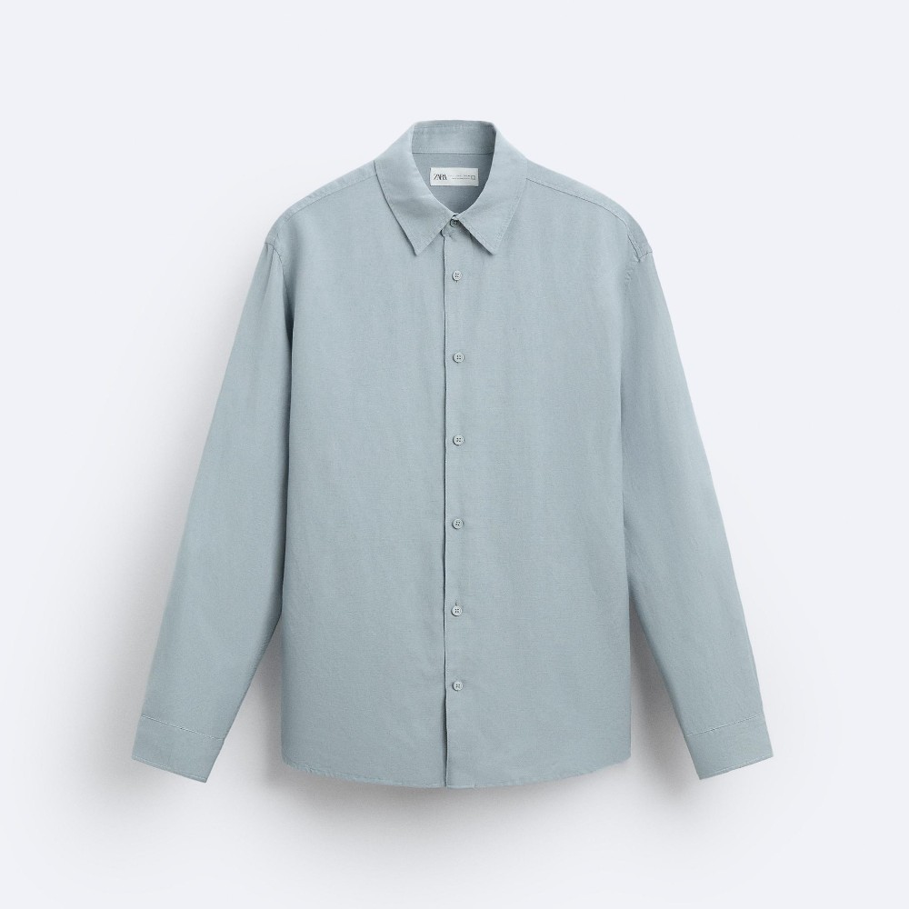 Рубашка Zara Viscose/linen Blend, голубой пиджак zara linen blend голубой