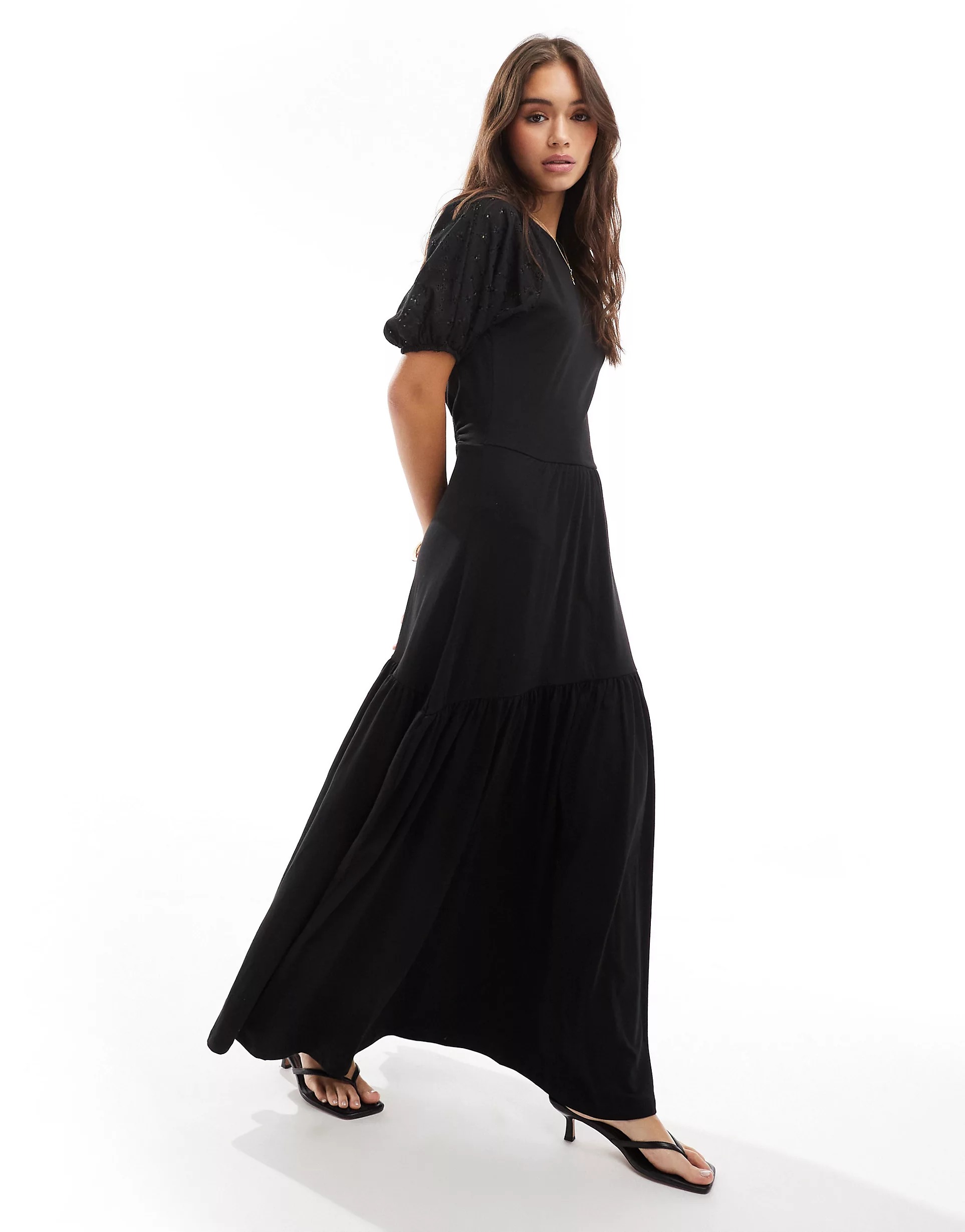 Платье макси Asos Design Broderie Puff Sleeve Tiered, черный