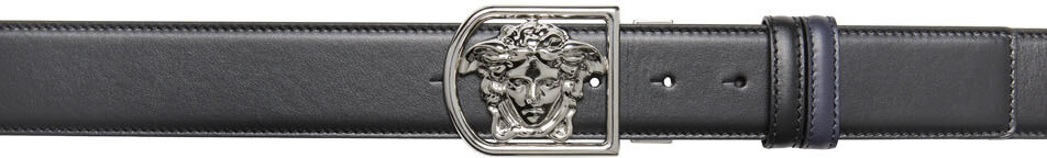 

Черно-серебристый ремень с оправой Medusa Versace