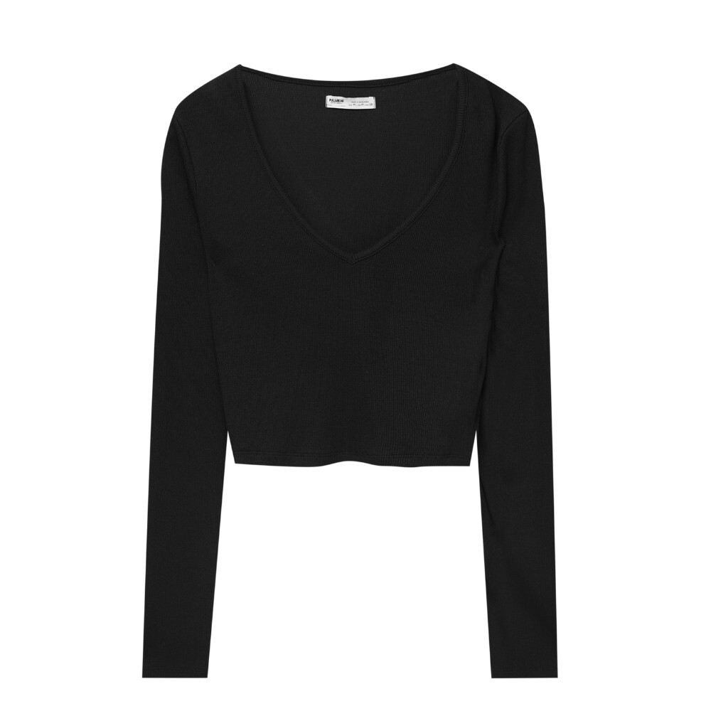 

Футболка Pull&Bear Cropped Long Sleeve V-neck, черный