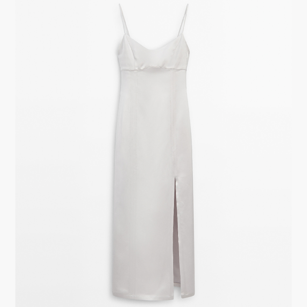 Платье Massimo Dutti Strappy Satin, светло-серый белое атласное свадебное платье с рюшами одним рукавом блестками поясом и боковым разрезом современное свадебное платье облегающее пла