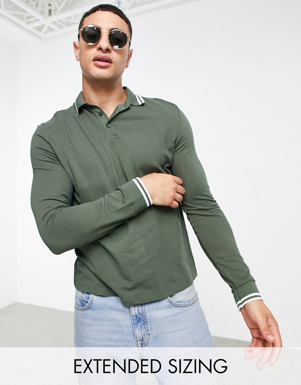 

Рубашка-поло цвета хаки из пике с длинными рукавами ASOS DESIGN - MGREEN