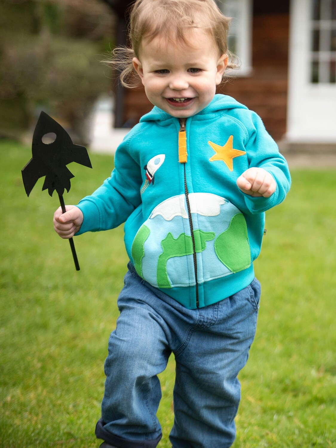 

Толстовка на молнии из органического хлопка Baby Helford с космической аппликацией Frugi, кемпер блю