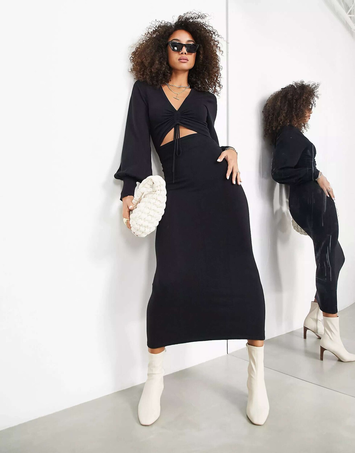 

Черное платье макси тонкой вязки с вырезом на талии ASOS, Черный