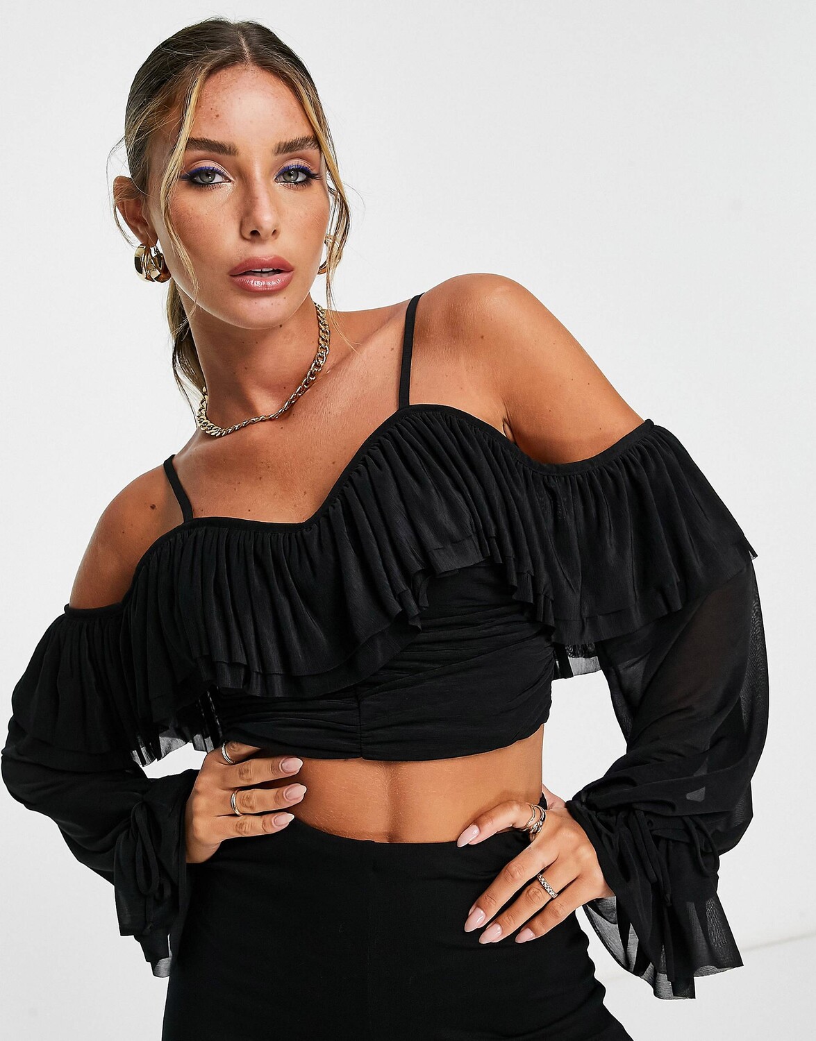 

Черный топ с открытыми плечами и оборками ASOS DESIGN
